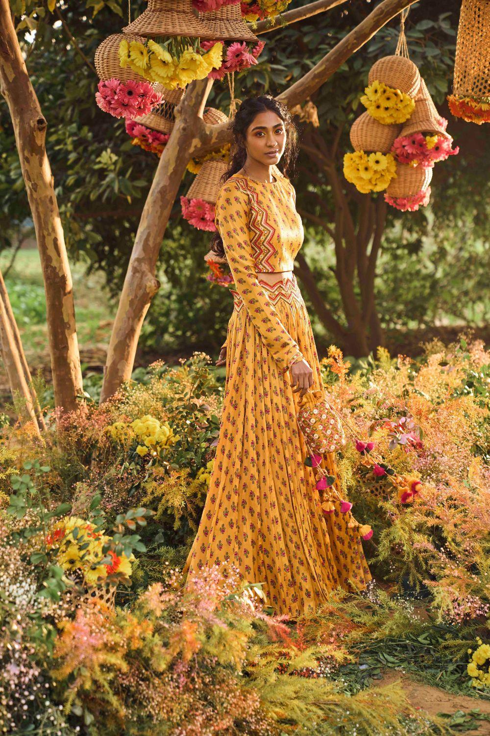 Mustard Printed Crop Top With Skirt