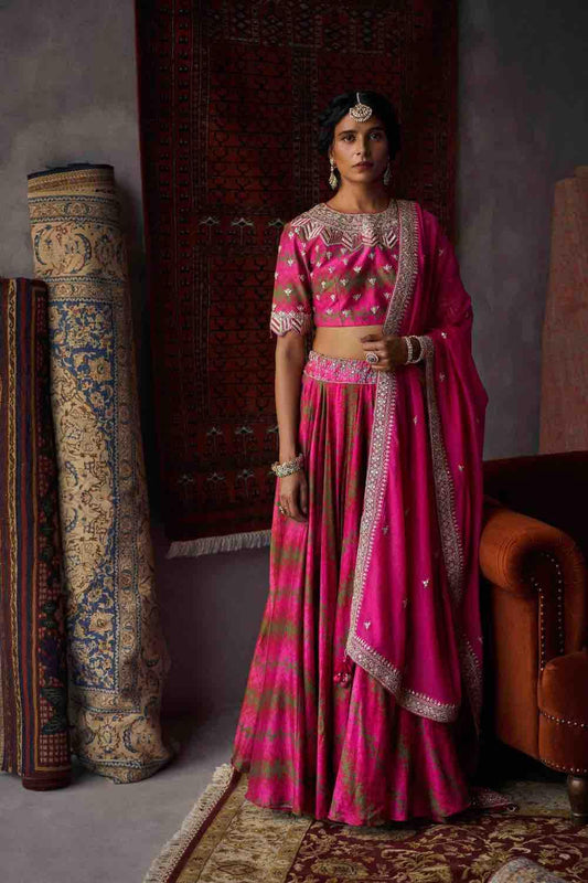Cherry Red Silk Chanderi Lehenga Set