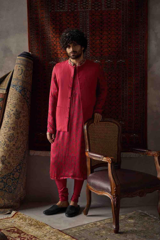 Cherry Red Satin Silk Kurta And Tussar Silk Bandi Set