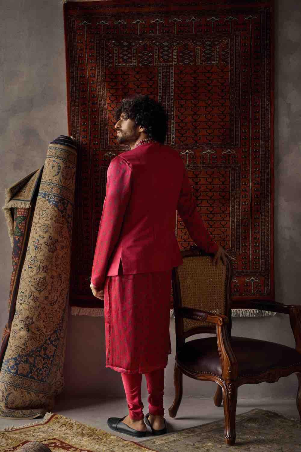 Cherry Red Satin Silk Kurta And Tussar Silk Bandi Set