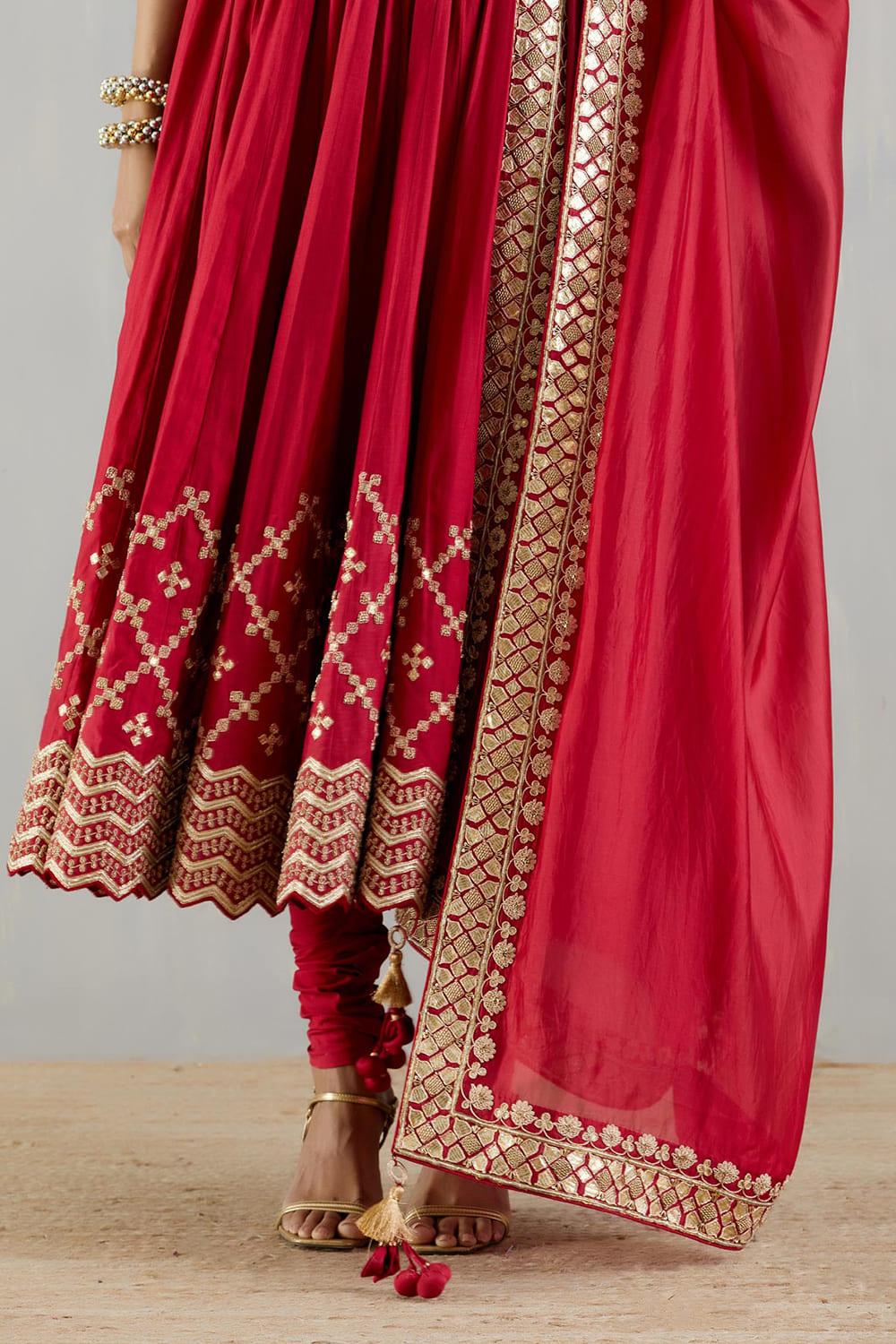 Red Strappy Heavy Anarkali  With Organza Silk Dupatta
