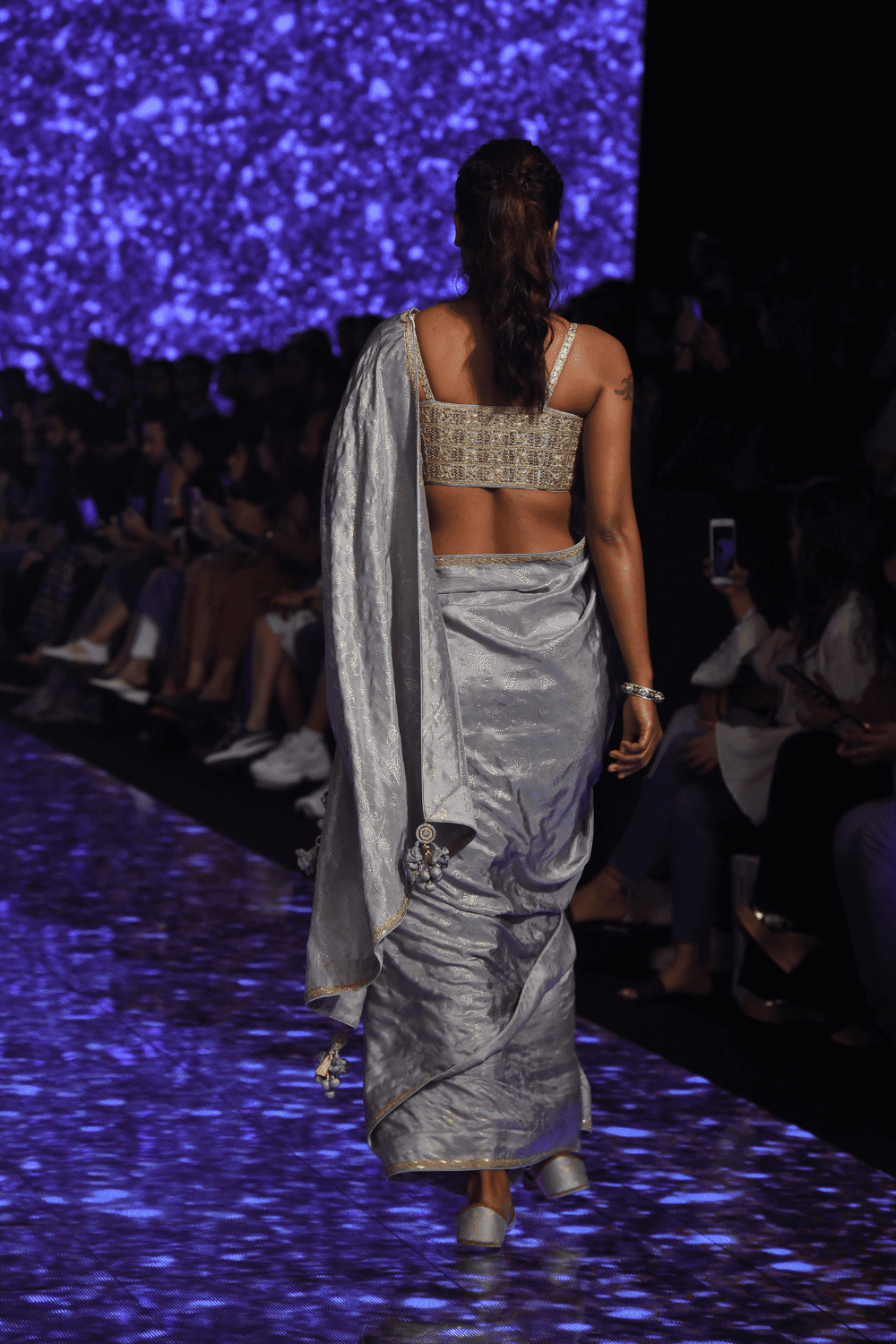 Grey Hand Work Border Silk Saree With Bralette