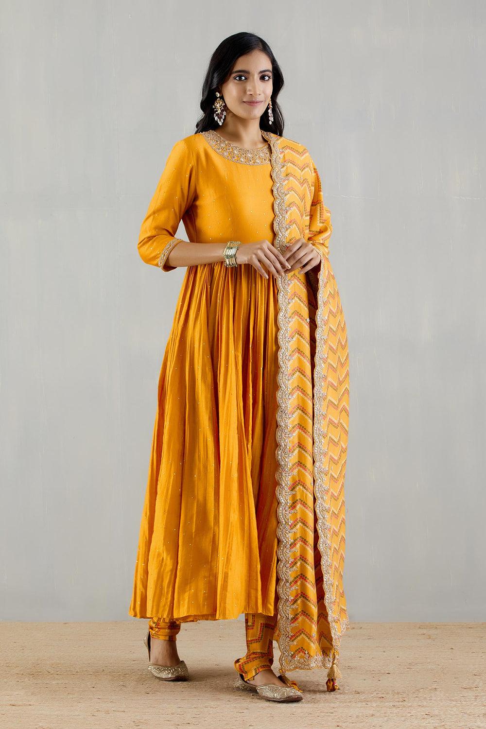 Mustard Anarakli  With Printed Dupatta And Chudidar