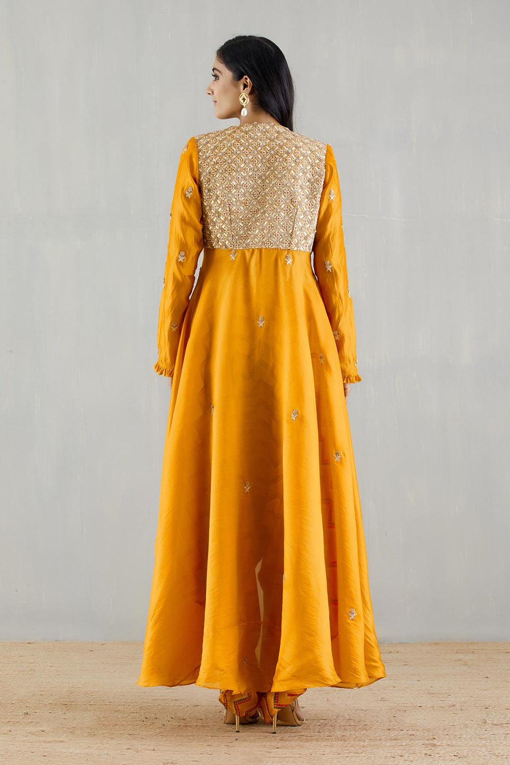 Mustard Embellished Organza Cape With Bralette And Cowl Pants