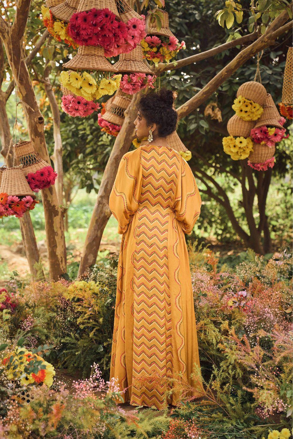 Mustard Printed Long Anarkali With Angrakha Jacket And Organza Silk Dupatta