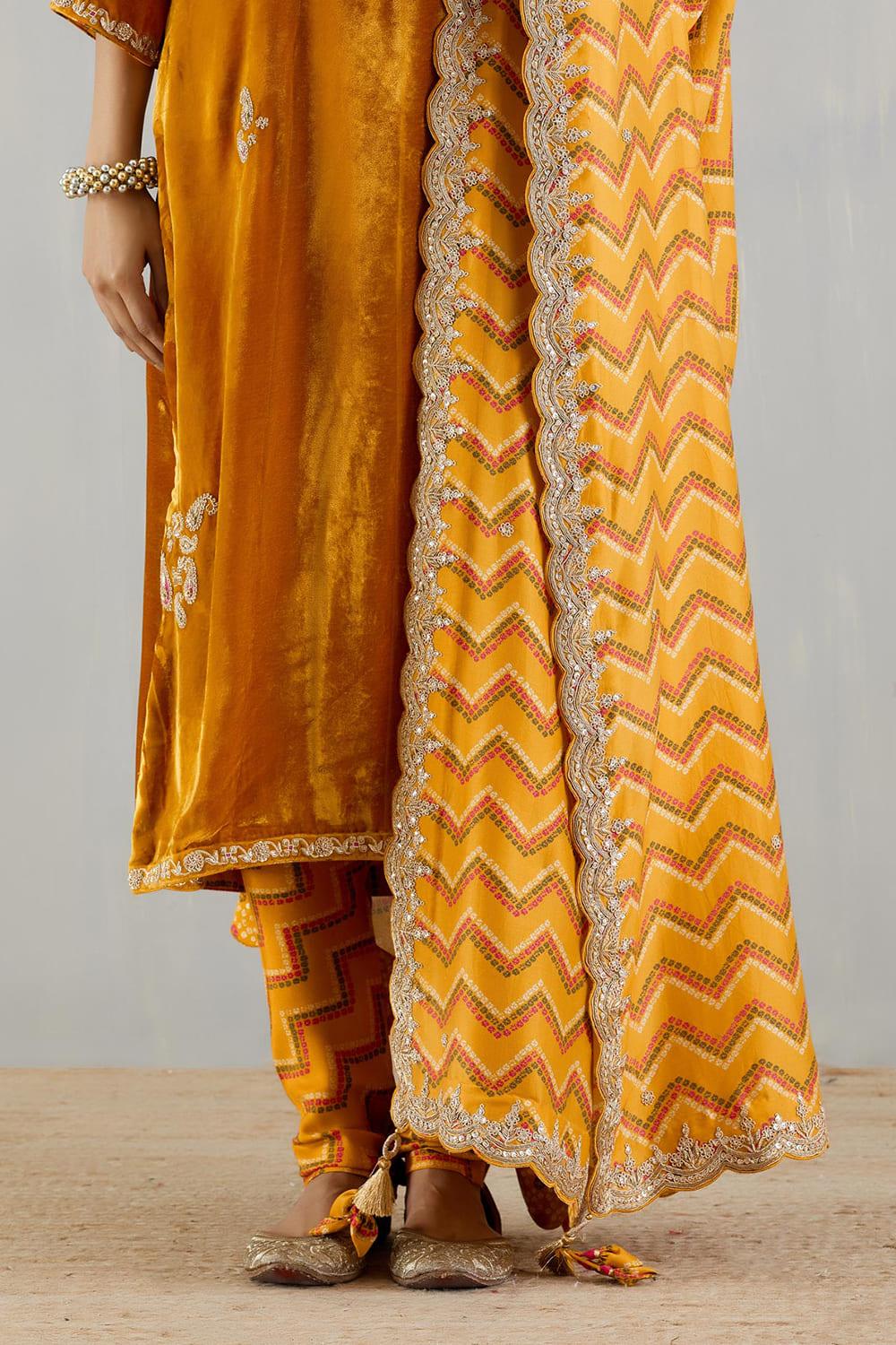 Mustard Velvet Kurta With Printed Dupatta