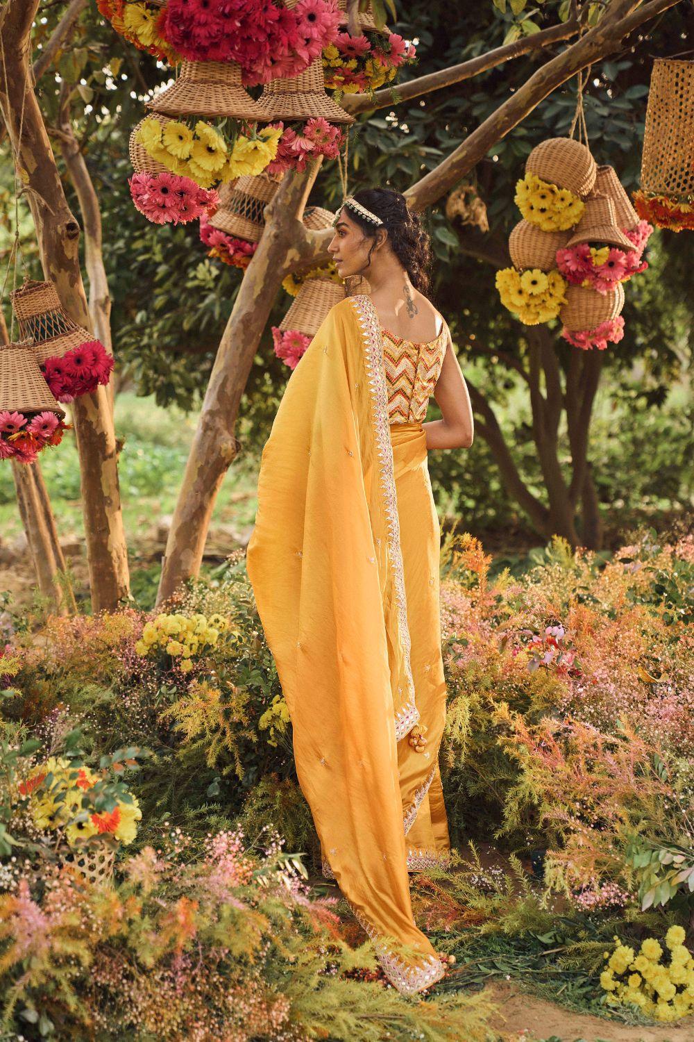 Mustard Organza Silk Saree With Embellished Blouse