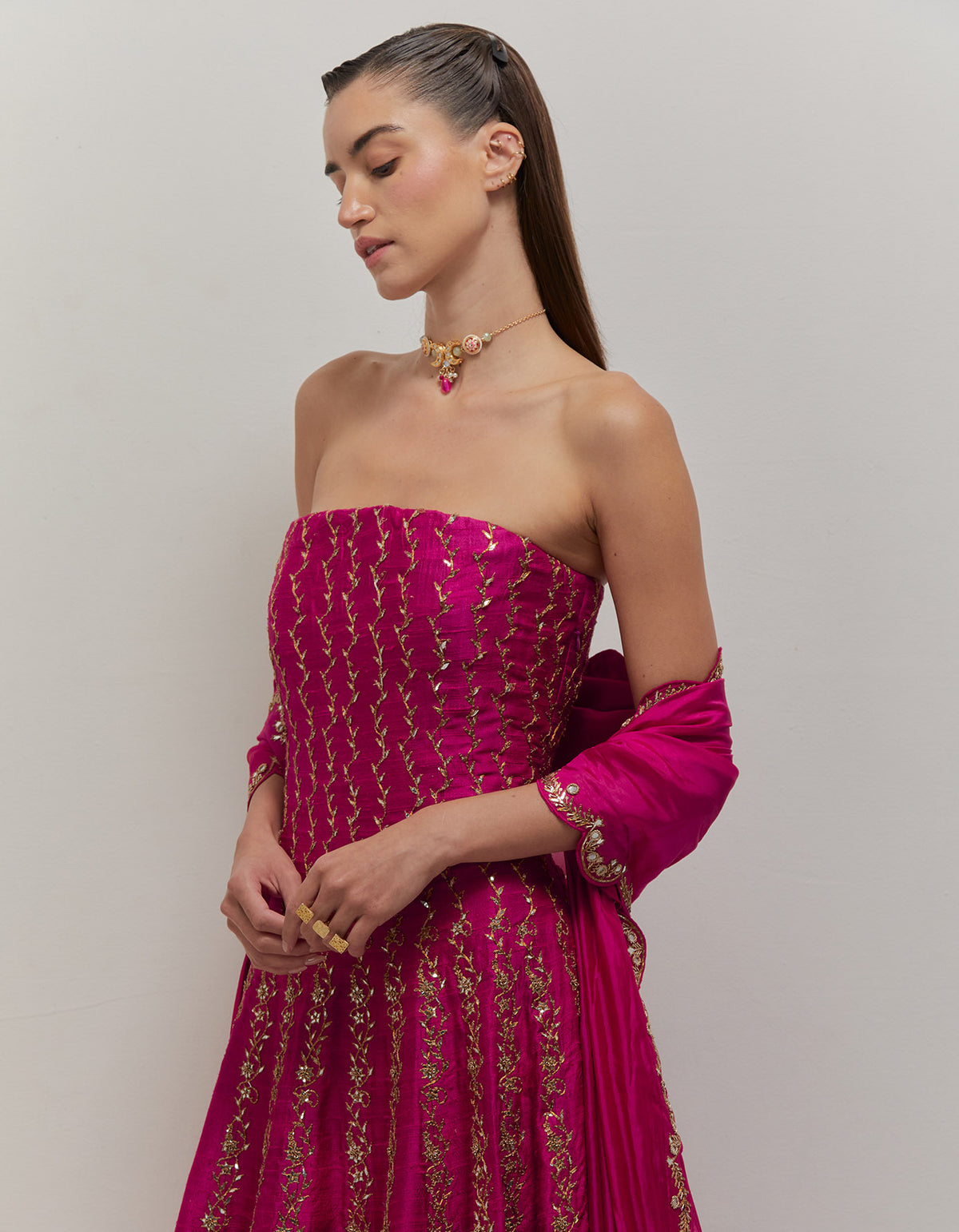 Rasberry Off Shoulder Anarkali set