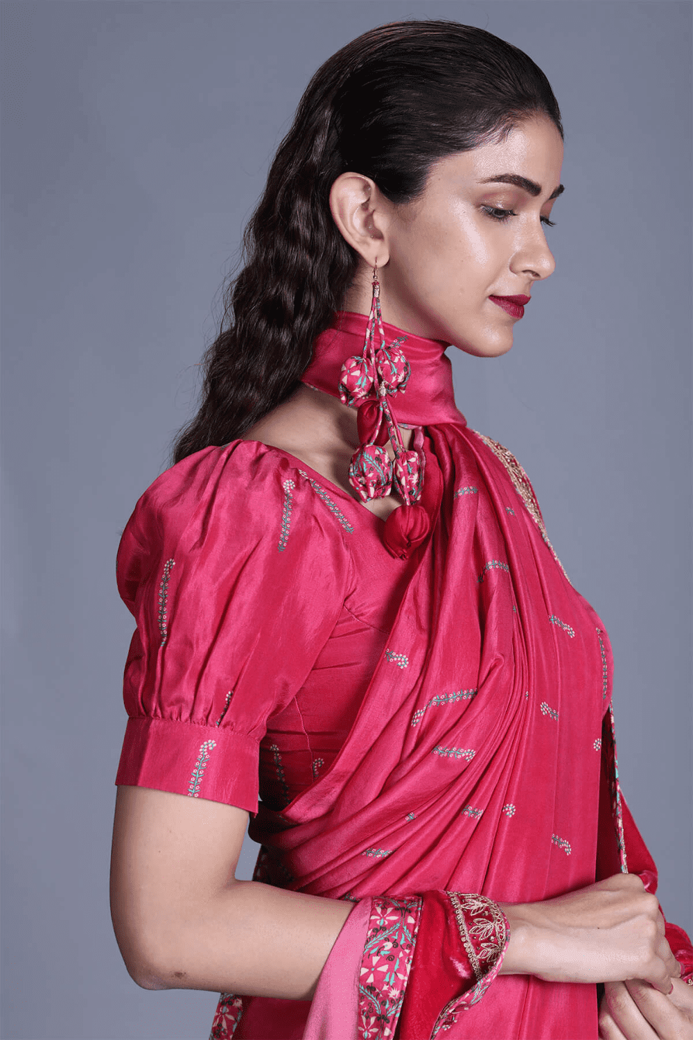 Rapture Rose Color Plain Saree With Puff Sleeve Blouse