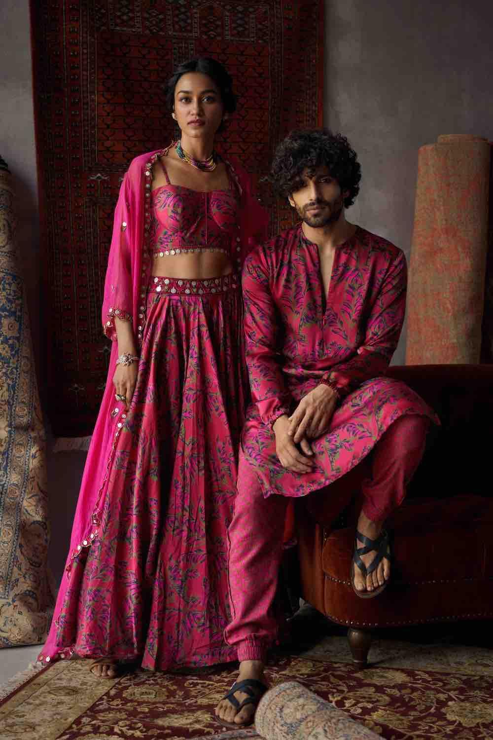 Cherry Red Satin Silk Printed Kurta And Joggers Pants