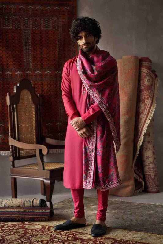 Cherry Red Tussar Silk Kurta  With Churidar And Dushala Set