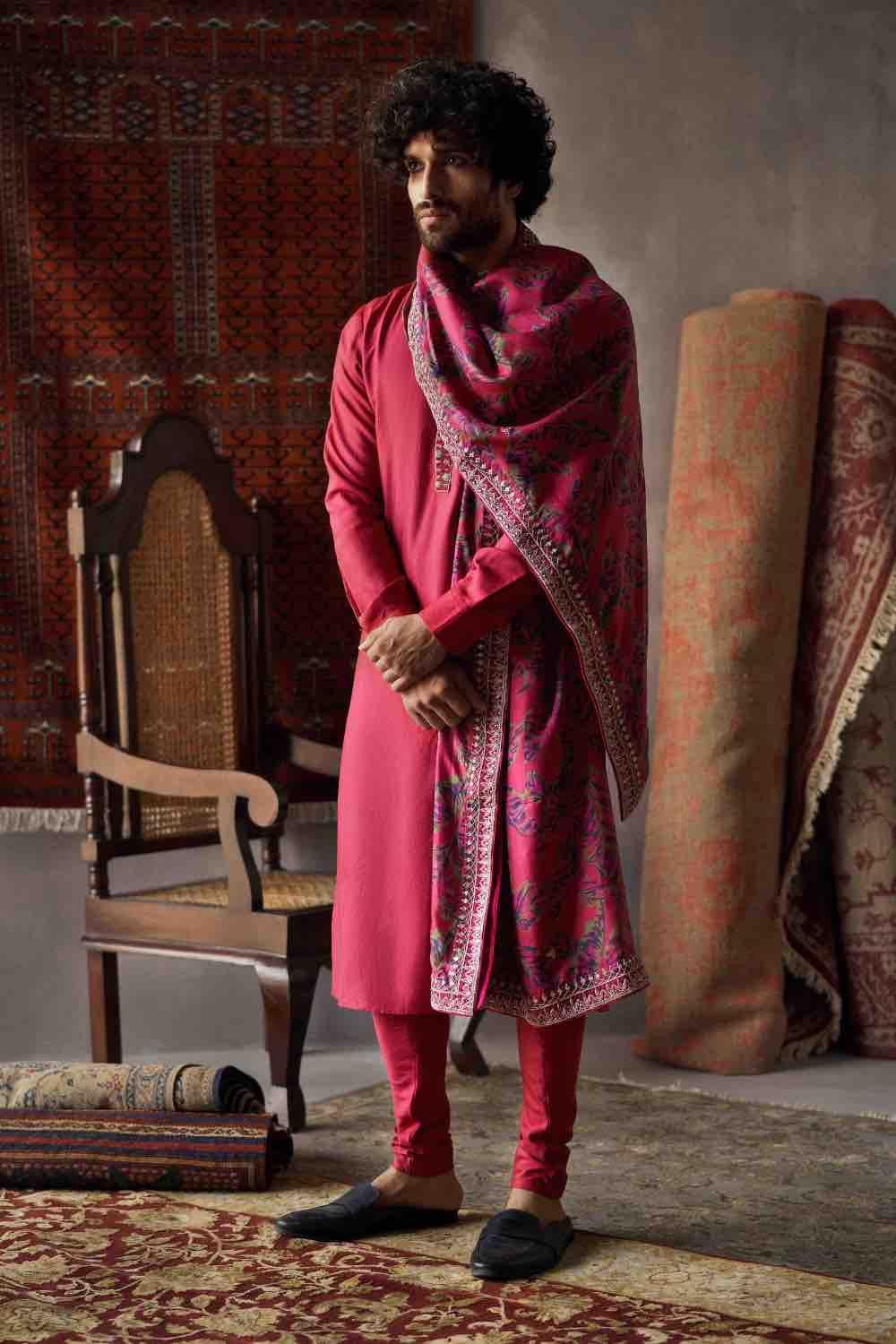 Cherry Red Tussar Silk Kurta  With Churidar And Dushala Set