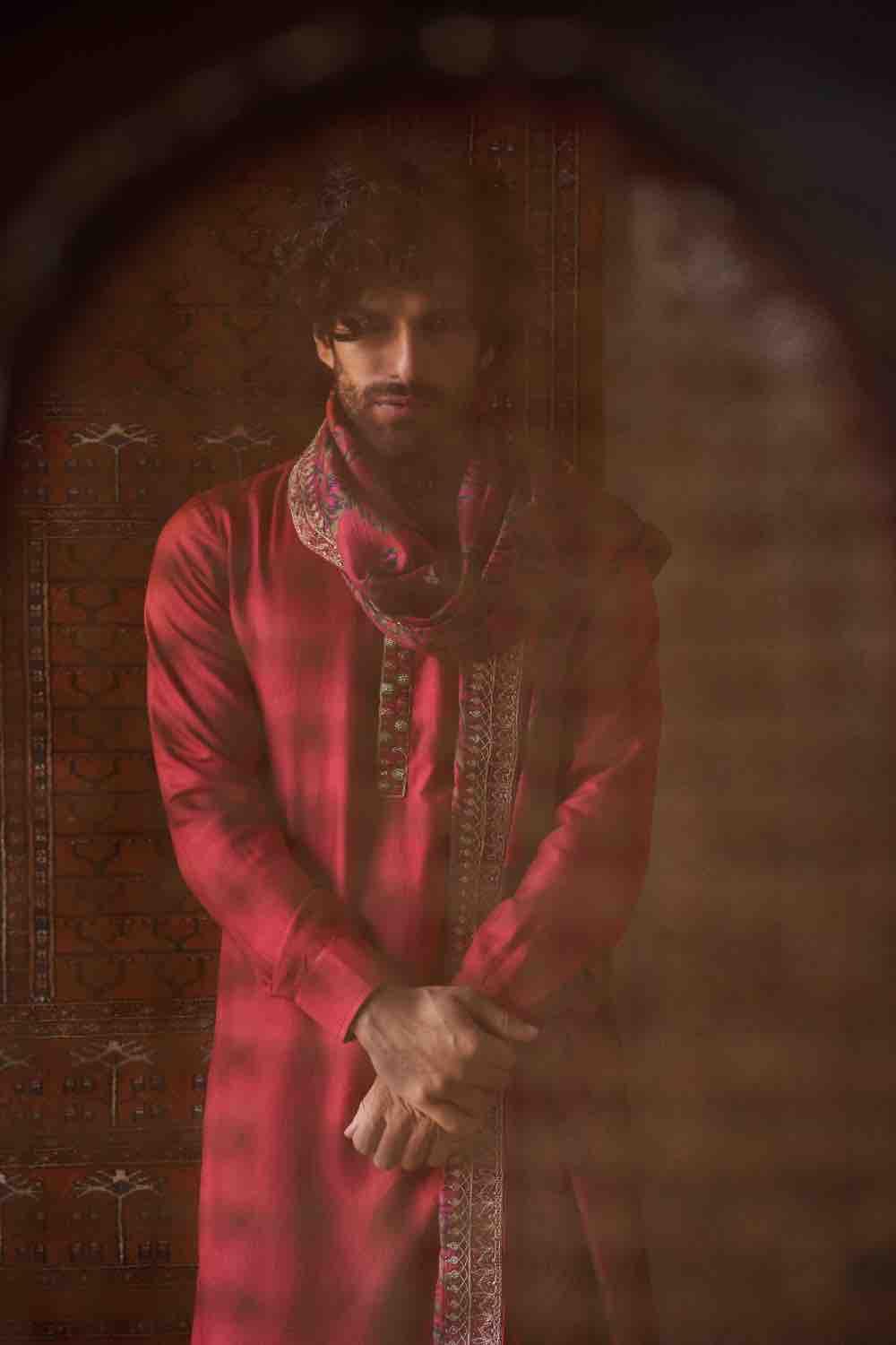 Cherry Red Tussar Silk Kurta  With Churidar And Dushala Set