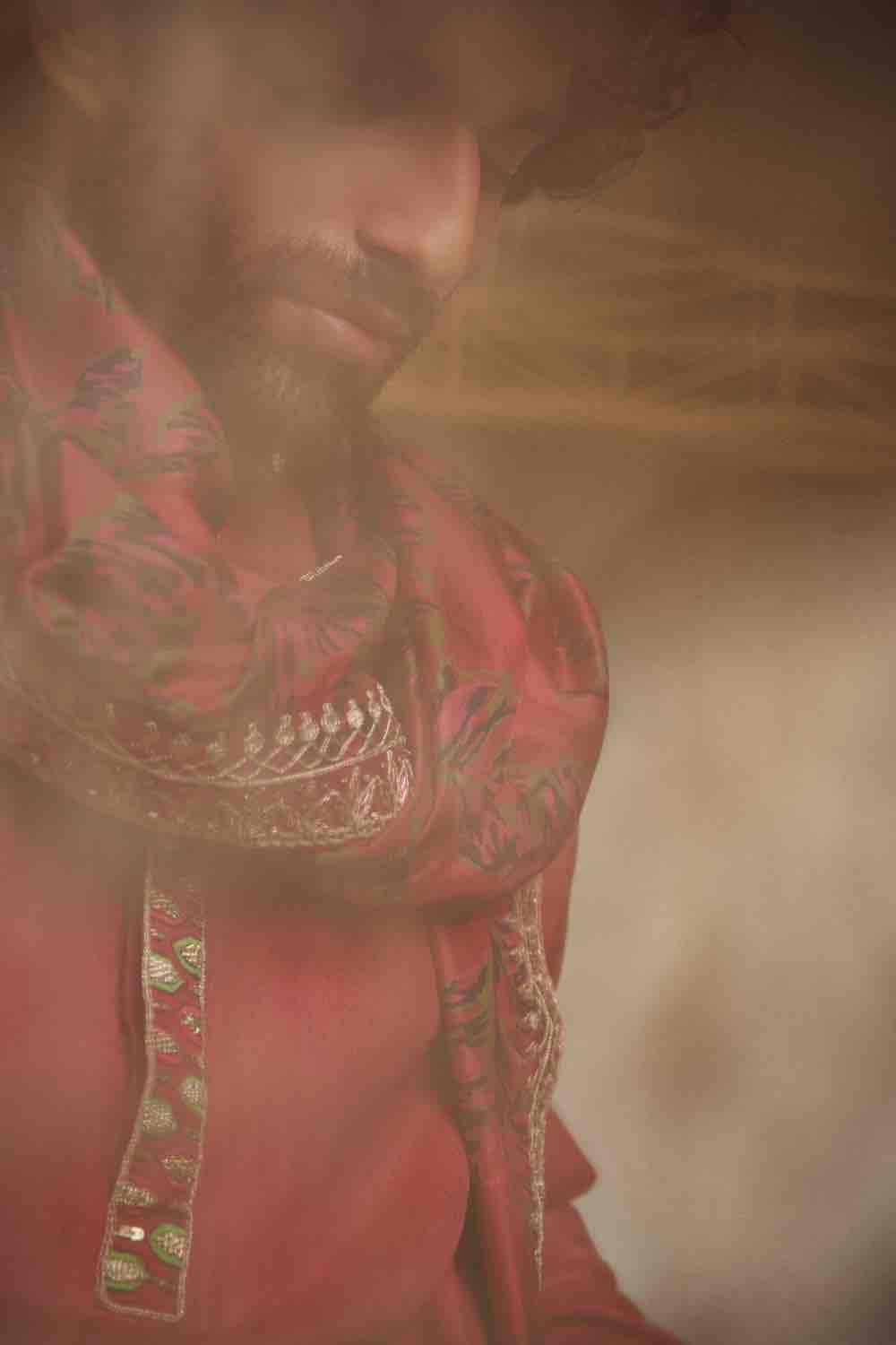 Cherry Red Tussar Silk Kurta  With Churidar And Dushala Set