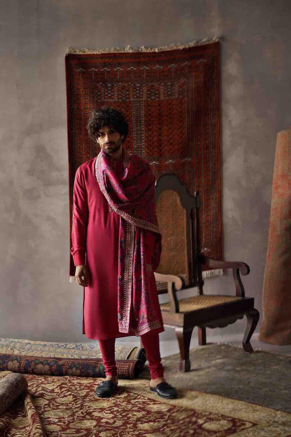 Cherry Red Tussar Silk Kurta  With Churidar And Dushala Set