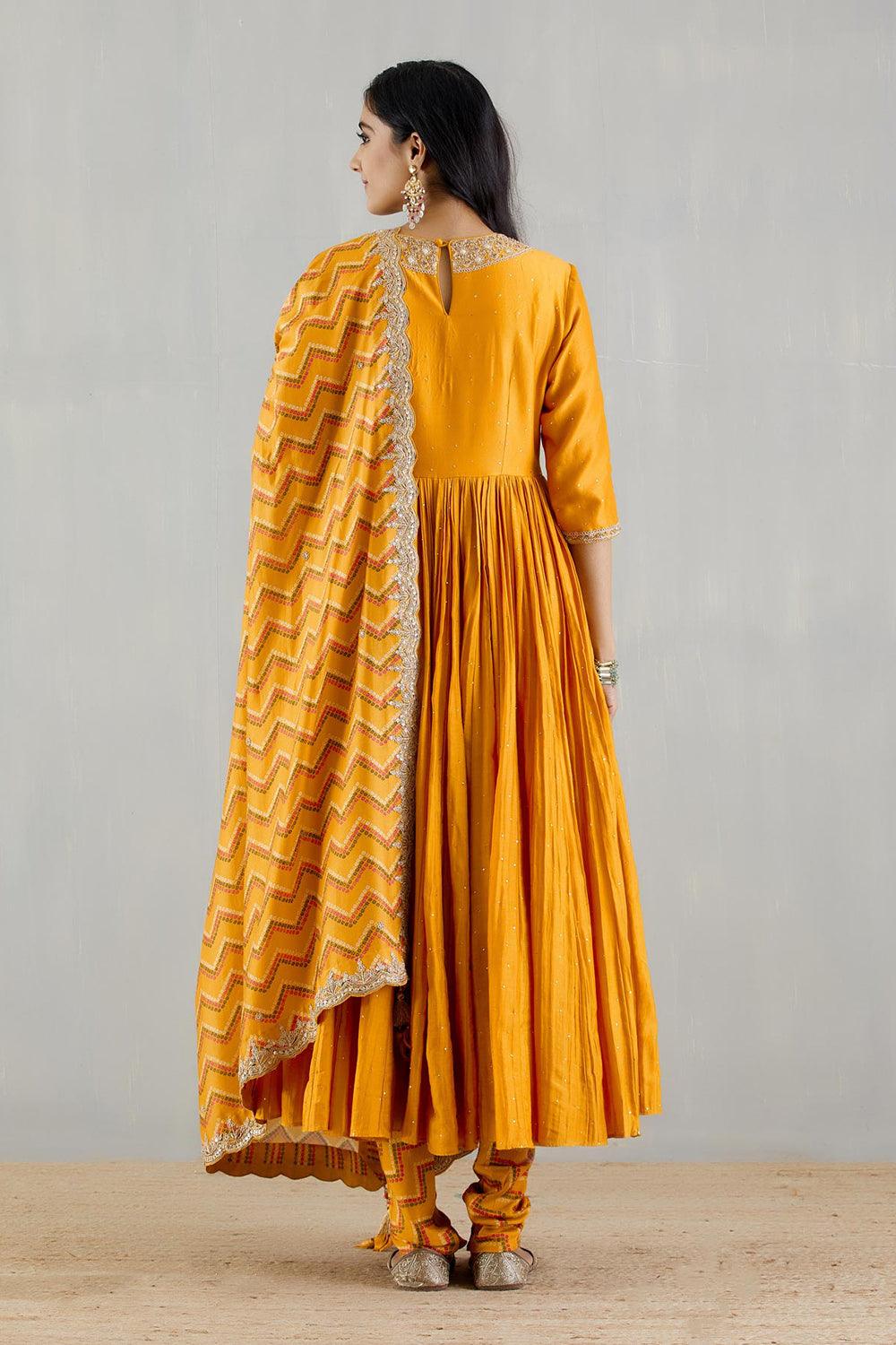Mustard Anarakli  With Printed Dupatta And Chudidar