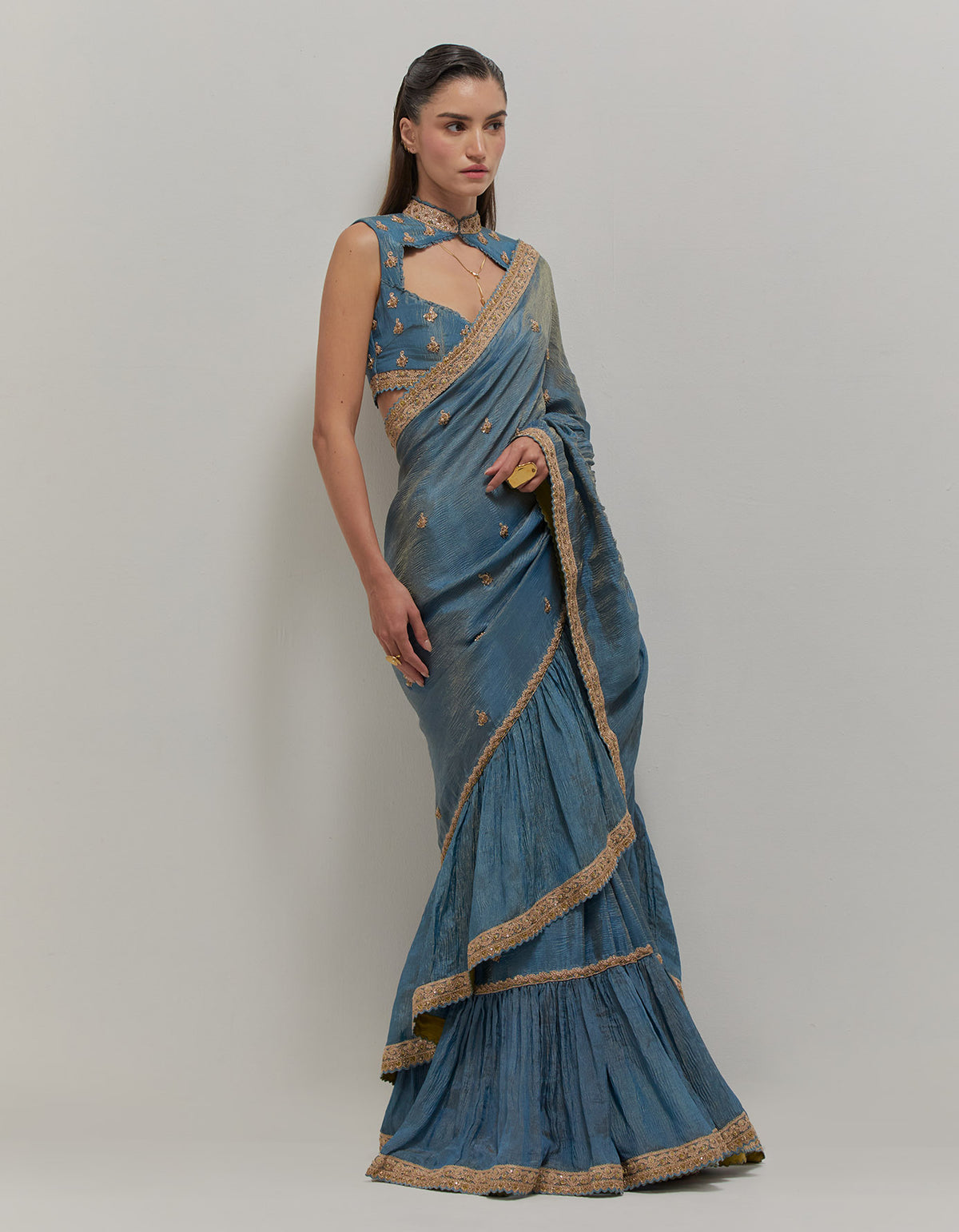 Mist Blue Ruffle Saree Set