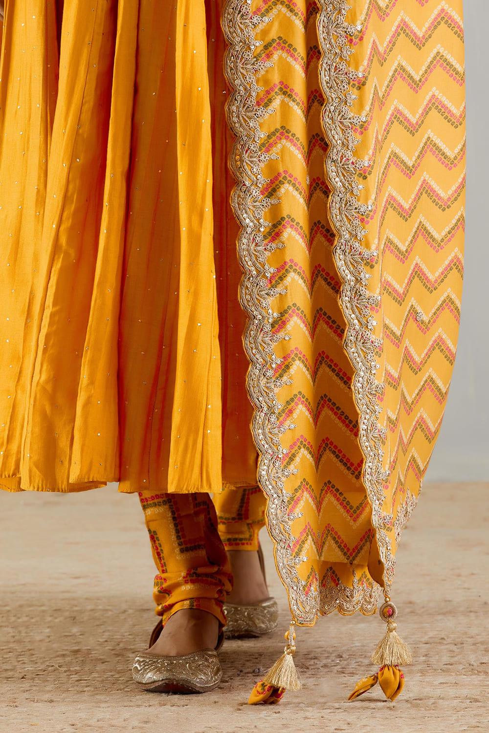 Mustard Anarakli  With Printed Dupatta And Chudidar