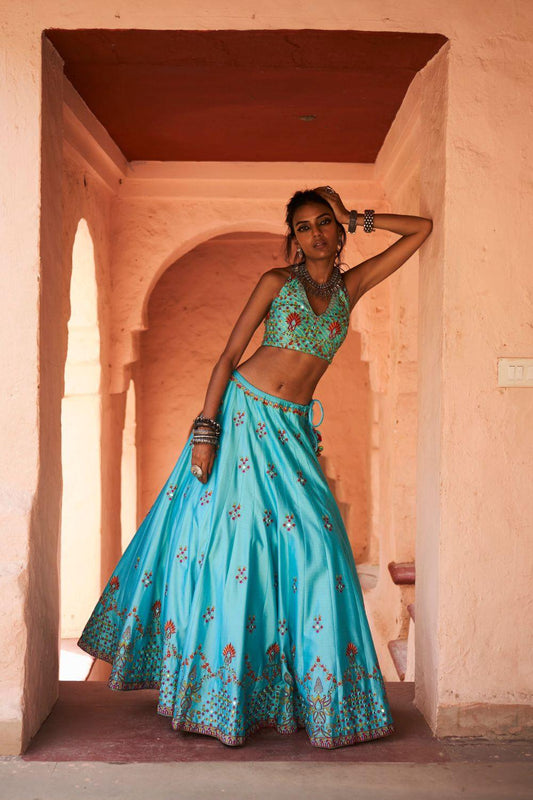 Turquoise Chanderi Silk Lehenga Set