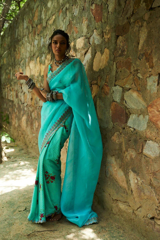 Turquoise Half Printed Organza Pallu Saree