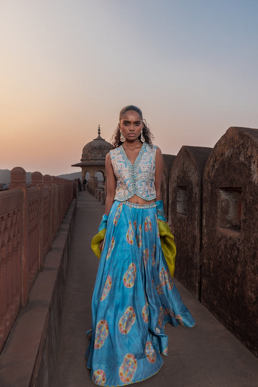 Mist blue Waistcoat Lehenga Set