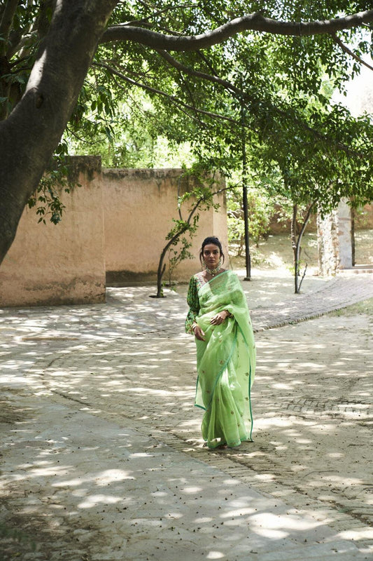 Lime Green Organza Silk Saree