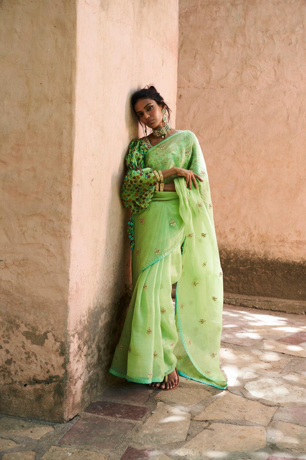 Lime Green Organza Silk Saree