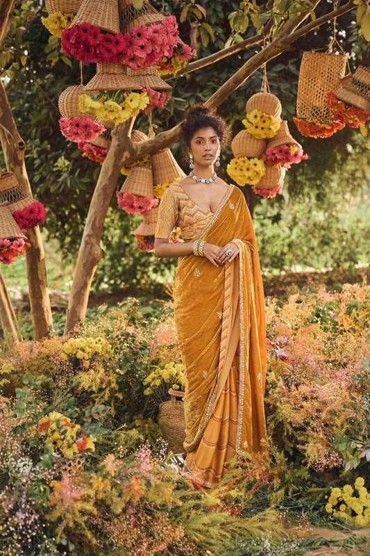 Mustard Velvet Palla Saree With Heavy Blouse