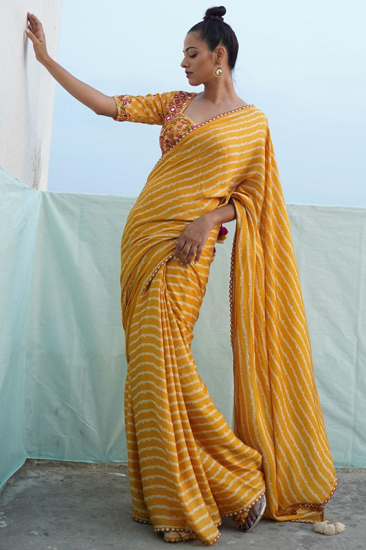 Mustard Yellow Embroidered Saree Set