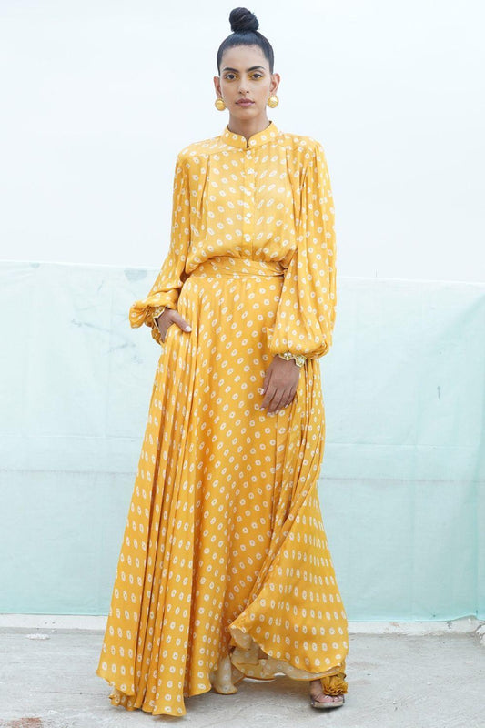 Mustard Yellow Embroidered & Printed Shirt With Skirt