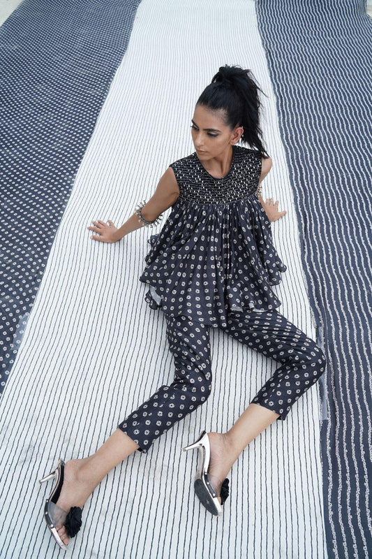Black Embroidered & Printed Top With Pants
