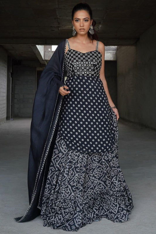 Black Embroidered & Printed Sharara Set