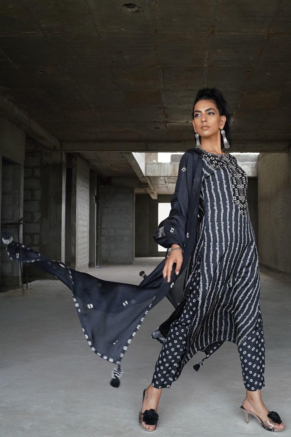Black Embroidered & Printed Kurta Set