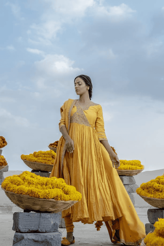 Mustard Marodi Work Angrakha With Churidar And Marodi Work Dupatta