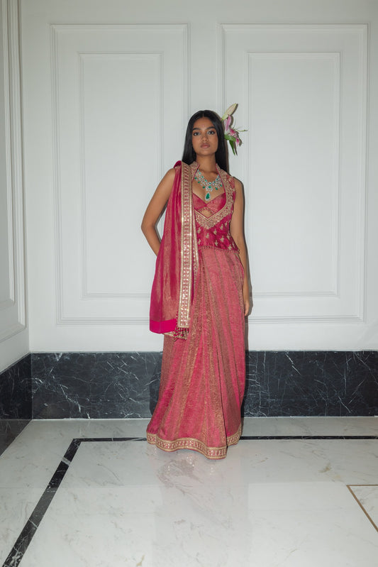 Raspberry Kurti Saree set