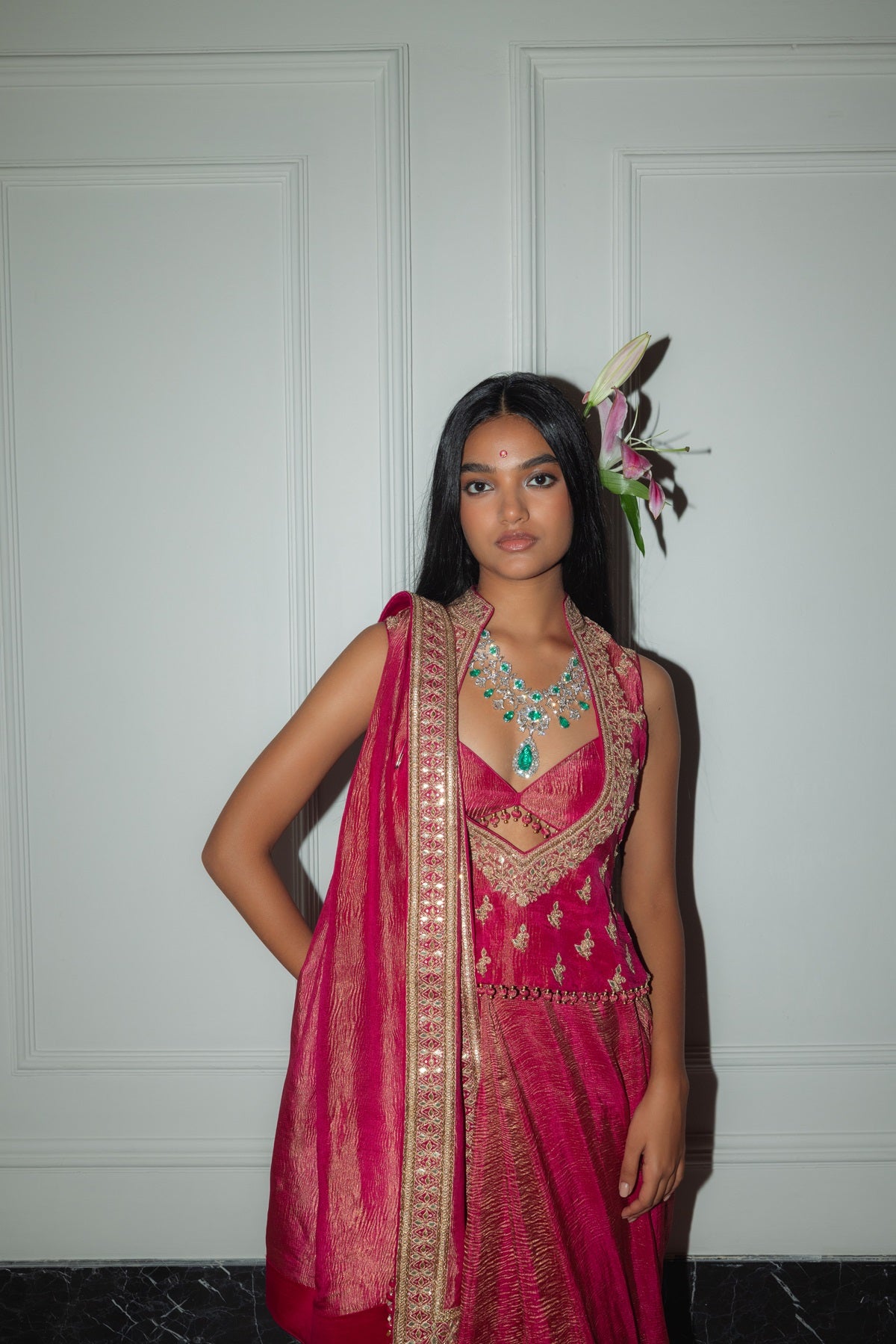 Raspberry Kurti Saree set