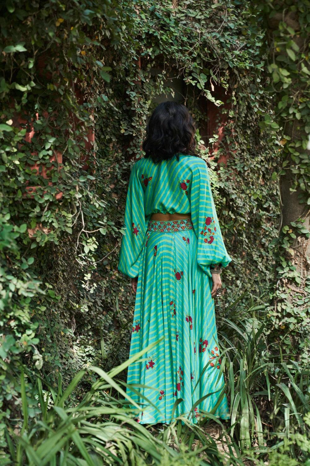 Turquoise Satin Silk Resham and Mirror Work Loose Top and Skirt Set