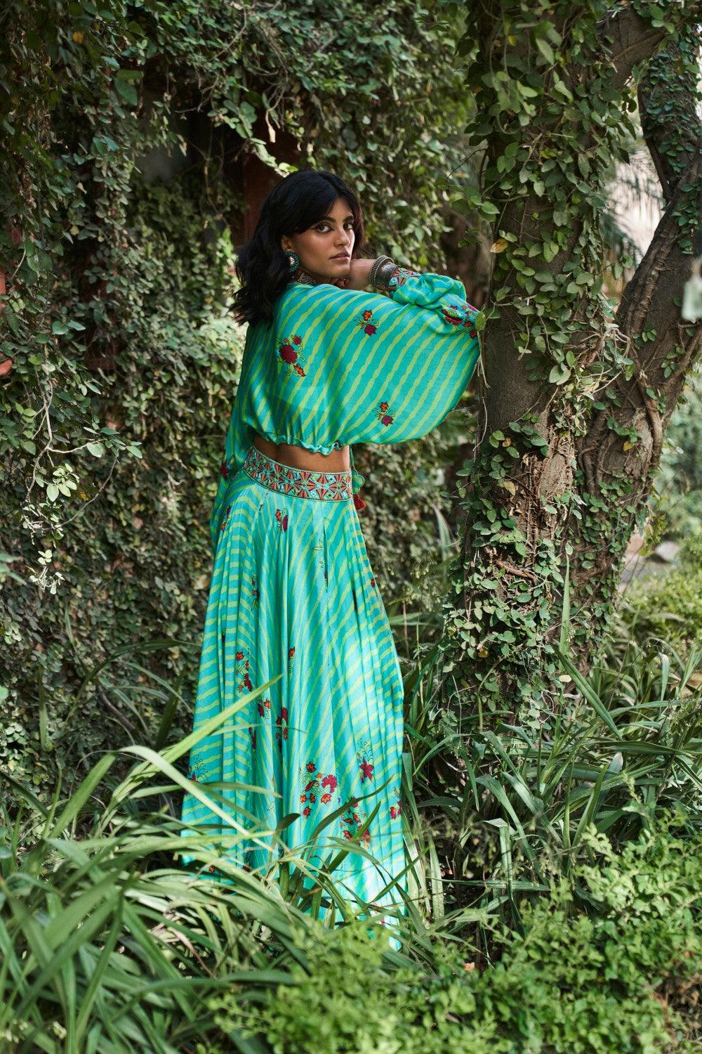 Turquoise Satin Silk Resham and Mirror Work Loose Top and Skirt Set