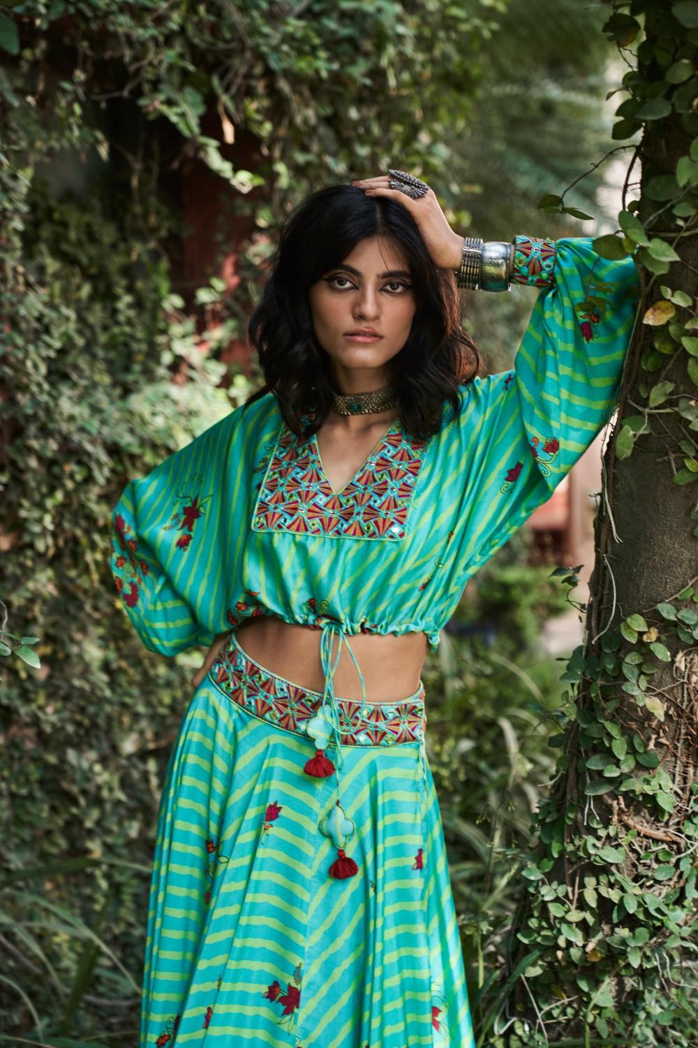 Turquoise Satin Silk Resham and Mirror Work Loose Top and Skirt Set