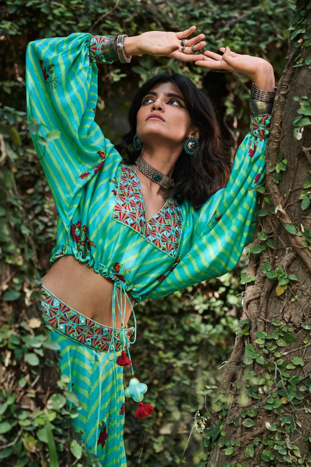 Turquoise Satin Silk Resham and Mirror Work Loose Top and Skirt Set