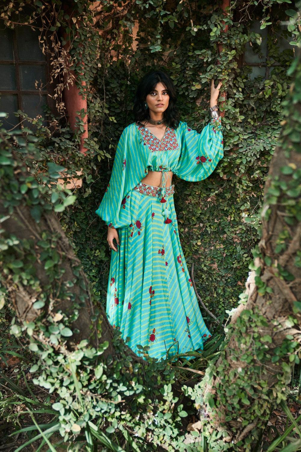 Turquoise Satin Silk Resham and Mirror Work Loose Top and Skirt Set