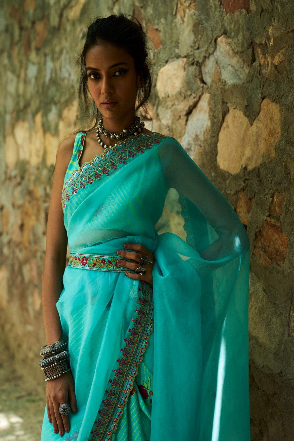 Turquoise Half Printed Organza Pallu Saree