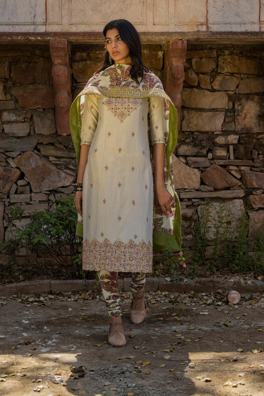 Hand Work Straight Kurta With Printed Churidar And Dupatta