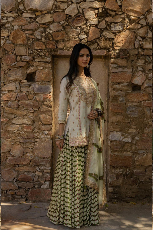 Hand Work Short Kurti With Sharara And Dupatta