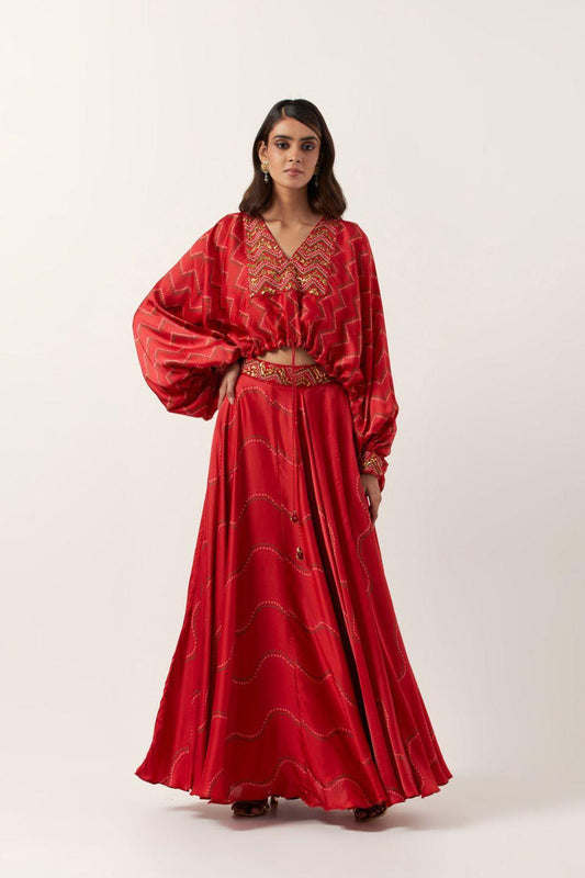 Surkh Laal Bandhani Top Paired With Skirt