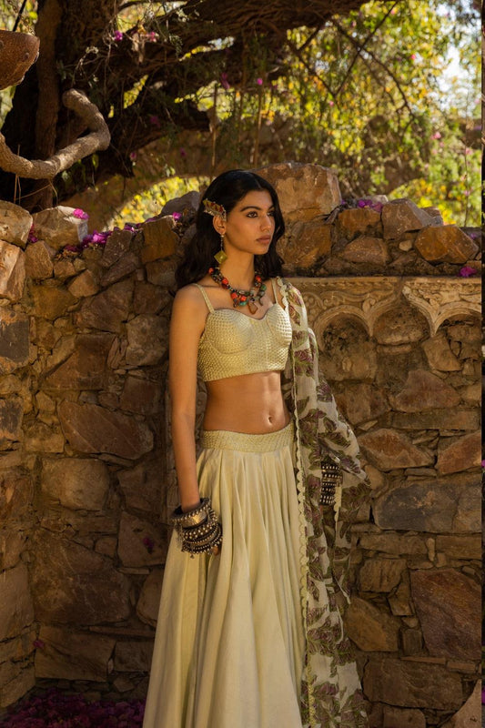 Resham Work Bralette With Lehenga And Printed Dupatta