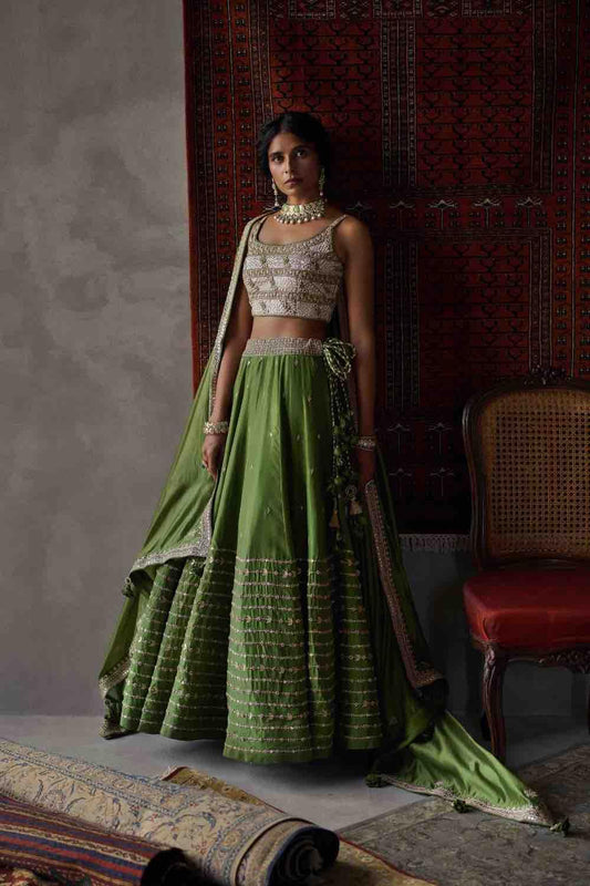 Olive Green Silk Lehenga Set
