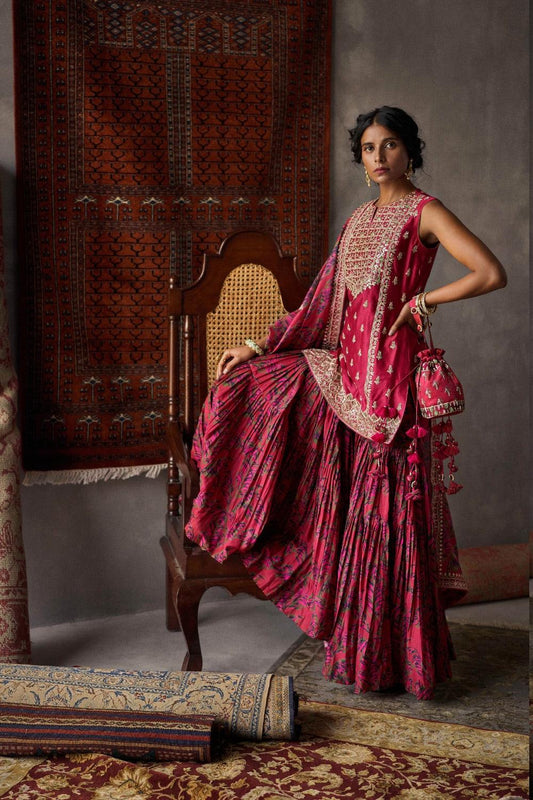 Cherry Red Silk Chanderi Short Kurti And Gharara Set