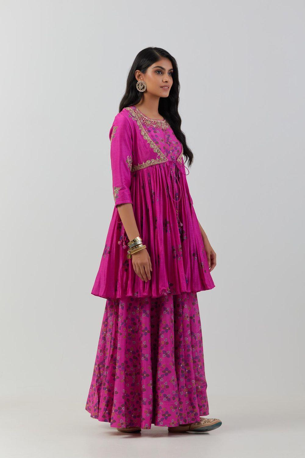 Hot Pink Angrakha Jacket With Long Anarkali Set