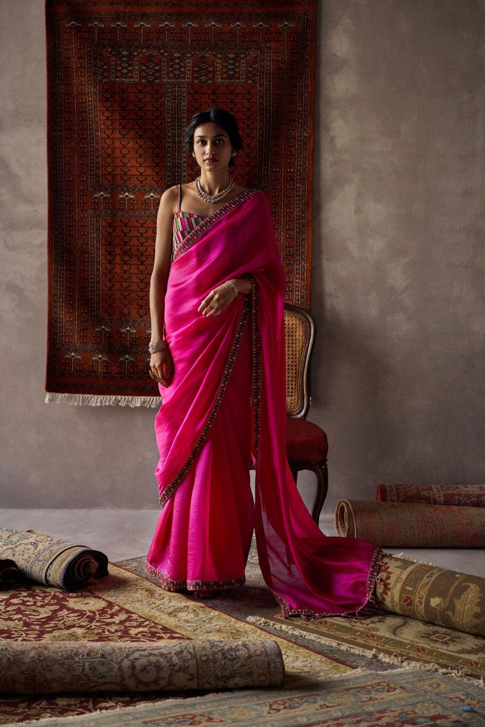 Fuchsia Pink Organza Silk Saree Set